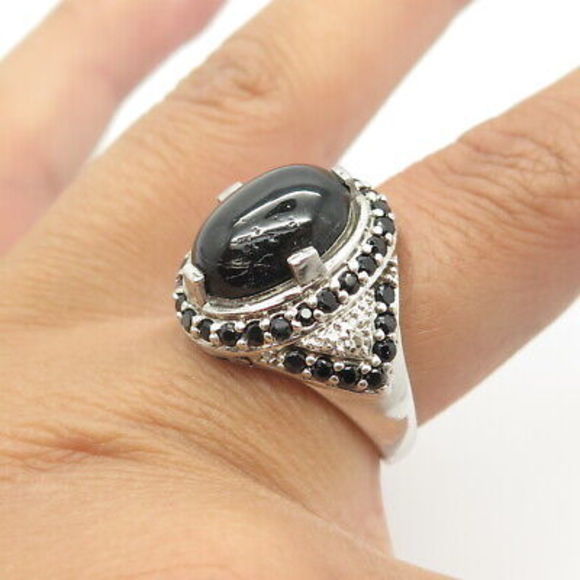 925 Sterling Silver Chuck Clemency Real Obsidian & Black Spinel Gem Ring Size 7 - Picture 2 of 8